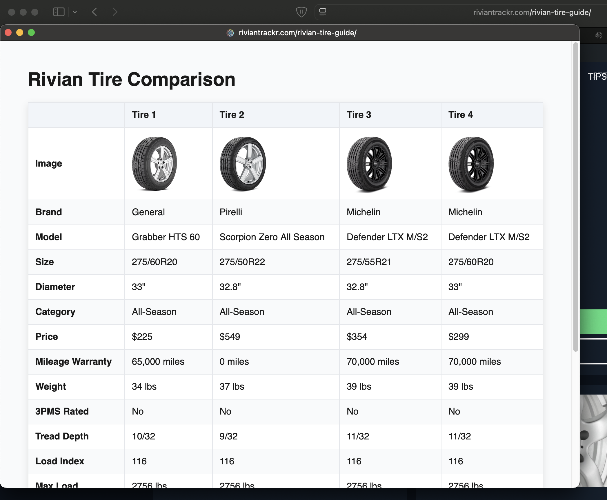 Compare up to 4 tires at a time to see all the metrics in an easy to read table.